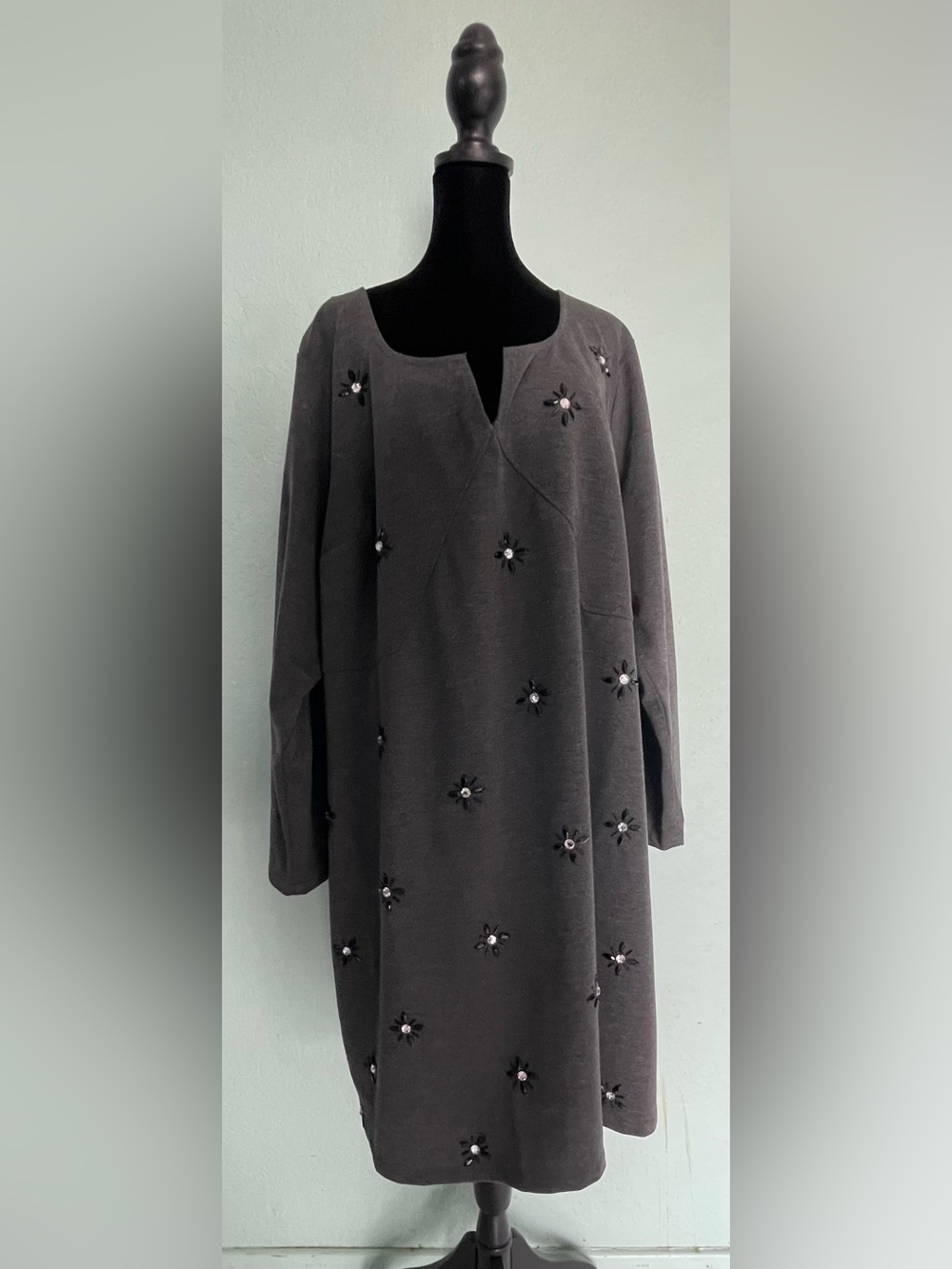 eshakti Charcoal Gray Embellished Long Sleeve Dress